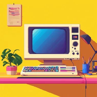 8 bit style, pixelate, old office style monitor on a desk of designer, vibrant colors