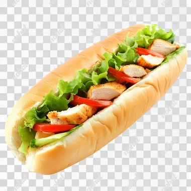 a 3/4 shot of a foot long Subway chicken and lettuce sub, with tomato, isolated on white