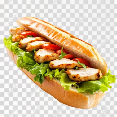 a 3/4 shot of a foot long Subway chicken and lettuce sub, with tomato, isolated on white