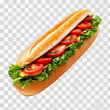 a 3/4 shot of a foot long Subway chicken and lettuce sub, with tomato, isolated on white
