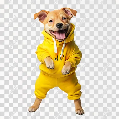 Puppy in bright teenage clothes smiling, standing on hind legs, white background