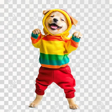 Puppy in bright teenage clothes smiling, standing on hind legs, white background