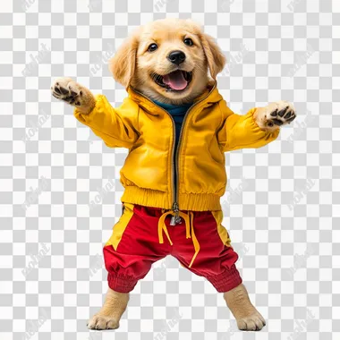 Puppy in bright teenage clothes smiling, standing on hind legs, white background