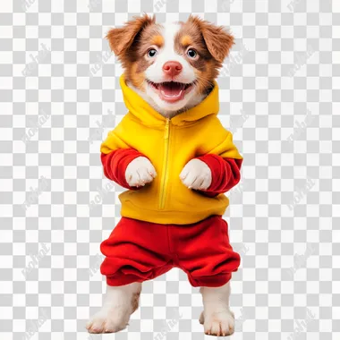 Puppy in bright teenage clothes smiling, standing on hind legs, white background