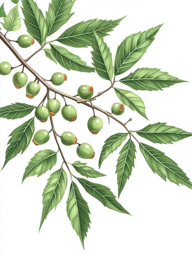 realistic photo of Azadirachta indica (Neem) branch with green leaves and fruits, isolated on white background