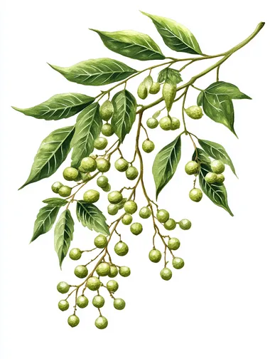 realistic photo of Azadirachta indica (Neem) branch with green leaves and fruits, isolated on white background