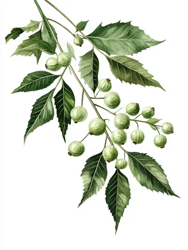 realistic photo of Azadirachta indica (Neem) branch with green leaves and fruits, isolated on white background