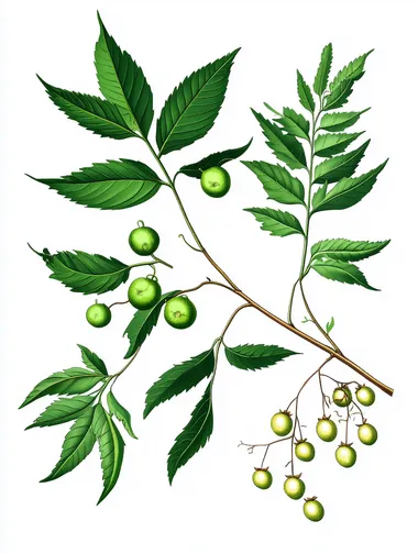 realistic photo of Azadirachta indica (Neem) branch with green leaves and fruits, isolated on white background