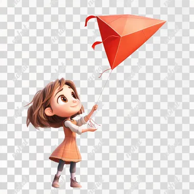 small cute girl flies a kite. Picture is without background and in Pixar style.