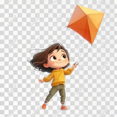 small cute girl flies a kite. Picture is without background and in Pixar style.