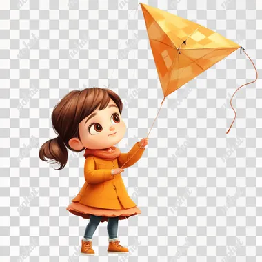 small cute girl flies a kite. Picture is without background and in Pixar style.