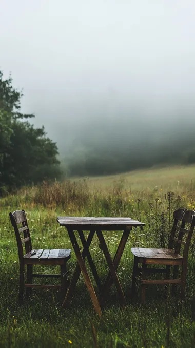 table and chairs, wooden, ina grass field, foggy, vibes, relaxing,