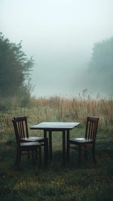 table and chairs, wooden, ina grass field, foggy, vibes, relaxing,