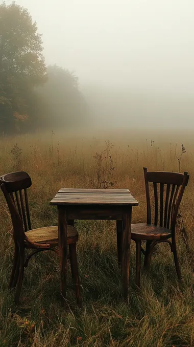 table and chairs, wooden, ina grass field, foggy, vibes, relaxing,