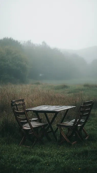 table and chairs, wooden, ina grass field, foggy, vibes, relaxing,
