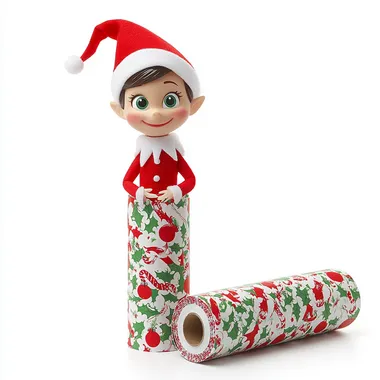 pixar elf on the shelf wrapped completely in christmas wrapping paper, with the roll of wrapping ppaer next to her, all white background