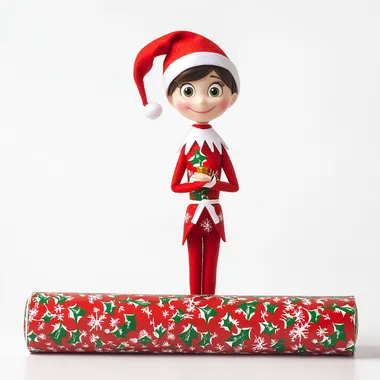 pixar elf on the shelf wrapped completely in christmas wrapping paper, with the roll of wrapping ppaer next to her, all white background
