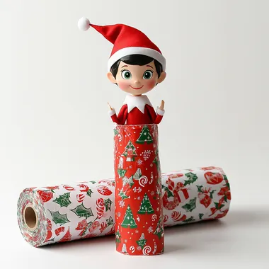 pixar elf on the shelf wrapped completely in christmas wrapping paper, with the roll of wrapping ppaer next to her, all white background