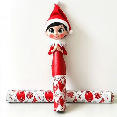 pixar elf on the shelf wrapped completely in christmas wrapping paper, with the roll of wrapping ppaer next to her, all white background