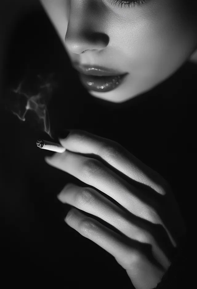 Close-Up of a Woman's Hand Holding a Cigarette in Dark Room