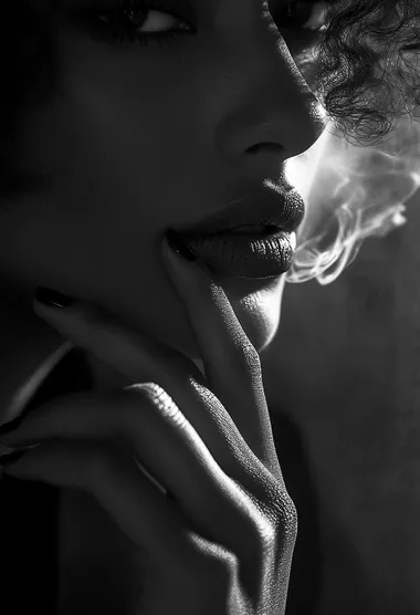 A close-up of the woman's hand, holding her cigarette between two fingers with light illuminating it from behind, creating an atmosphere of mystery and intrigue. The background is blurred to focus on the details of her hands, adding depth and texture to the overall composition. The black and white photography style adds contrast and intensity, highlighting the dramatic effect of the lighting. The woman is wearing .