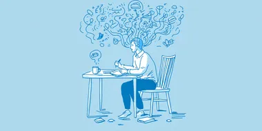 Minimalist illustration of a student implementing anxiety management techniques during a test, showing self-talk, breathing, and focus strategies. Simple blue line art style. Small composition suitable for card format. No text.