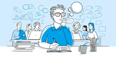Minimalist illustration of a student implementing anxiety management techniques during a test, showing self-talk, breathing, and focus strategies. Simple blue line art style. Small composition suitable for card format. No text.