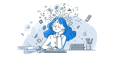 Minimalist illustration of a student implementing anxiety management techniques during a test, showing self-talk, breathing, and focus strategies. Simple blue line art style. Small composition suitable for card format. No text.