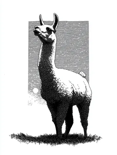 Black and white linoprint illustration of a cute Llama tilting its head to the legt. The style is reminiscent of woodcut artwork, inspired by Katsuhiro Otomo, and the image is isolated on a solid pure-white background  rofile nitguzb