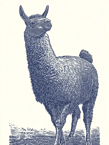 Black and white linoprint illustration of a cute Llama tilting its head to the legt. The style is reminiscent of woodcut artwork, inspired by Katsuhiro Otomo, and the image is isolated on a solid pure-white background  rofile nitguzb