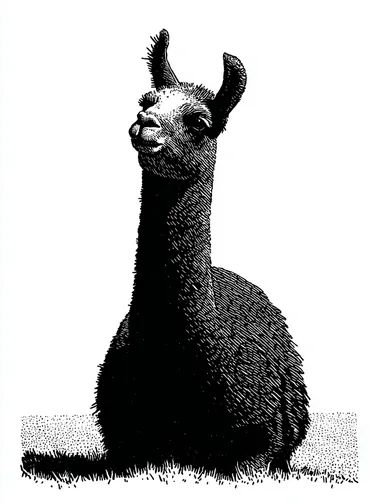 Black and white linoprint illustration of a cute Llama tilting its head to the legt. The style is reminiscent of woodcut artwork, inspired by Katsuhiro Otomo, and the image is isolated on a solid pure-white background  rofile nitguzb