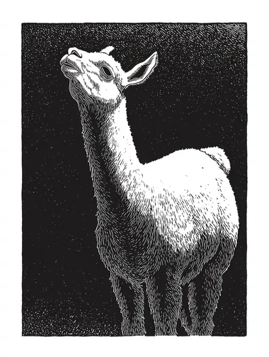 Black and white linoprint illustration of a cute Llama tilting its head to the legt. The style is reminiscent of woodcut artwork, inspired by Katsuhiro Otomo, and the image is isolated on a solid pure-white background  rofile nitguzb