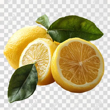 3 beautiful lemon with leaves isolated on white background, front light  --s 750