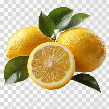 3 beautiful lemon with leaves isolated on white background, front light  --s 750