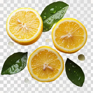 3 beautiful lemon with leaves isolated on white background, front light  --s 750