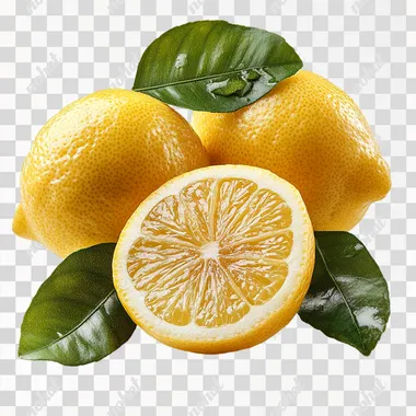 3 beautiful lemon with leaves isolated on white background, front light  --s 750