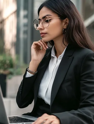 Mulher executiva vestida com blazer olhando para o computador focada