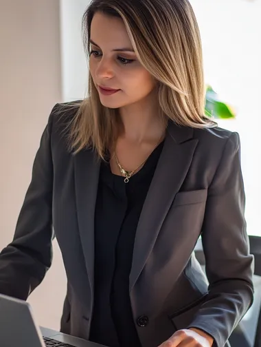 Mulher executiva vestida com blazer olhando para o computador focada