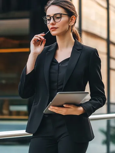 Mulher executiva vestida com blazer olhando para o computador focada