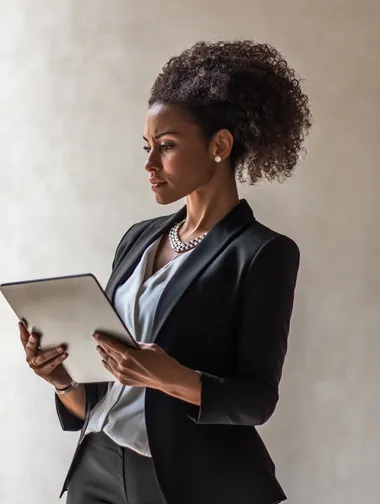 Mulher executiva vestida com blazer olhando para o computador focada