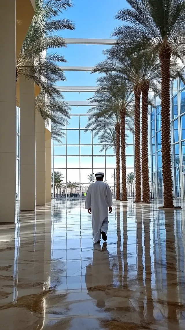 Saudi man walking inside Bahrain exhibition center with palm trees
