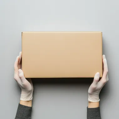 latex gloves hands holding a rectangular cardboard box on a grey background. packaging and delivery concept, top view on an isolated white background
