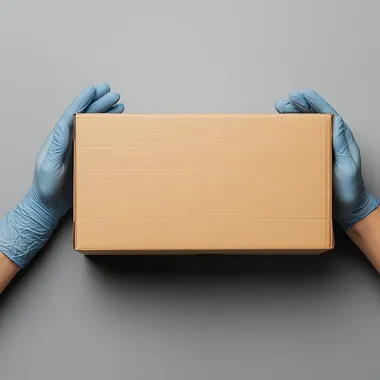 latex gloves hands holding a rectangular cardboard box on a grey background. packaging and delivery concept, top view on an isolated white background