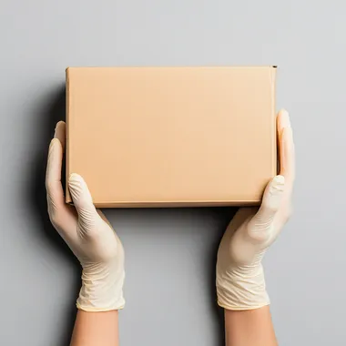 latex gloves hands holding a rectangular cardboard box on a grey background. packaging and delivery concept, top view on an isolated white background