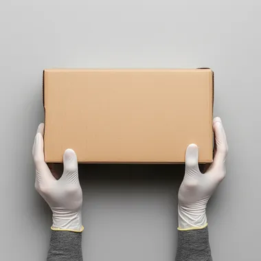 latex gloves hands holding a rectangular cardboard box on a grey background. packaging and delivery concept, top view on an isolated white background