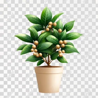 plant in a pot, green leaves with tan berries, realistic, isolated white background