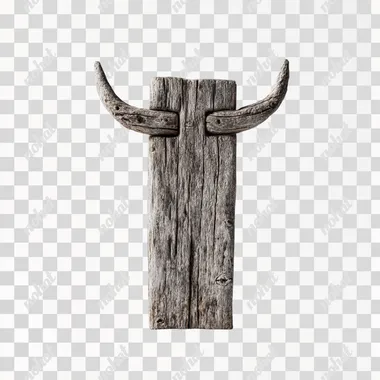 a fencepost on white background with large bull horns, brown wood, negative space, stuck in ground, gallery --raw rofile j9e8xde