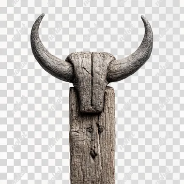 a fencepost on white background with large bull horns, brown wood, negative space, stuck in ground, gallery --raw rofile j9e8xde