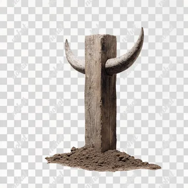 a fencepost on white background with large bull horns, brown wood, negative space, stuck in ground, gallery --raw rofile j9e8xde