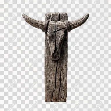 a fencepost on white background with large bull horns, brown wood, negative space, stuck in ground, gallery --raw rofile j9e8xde